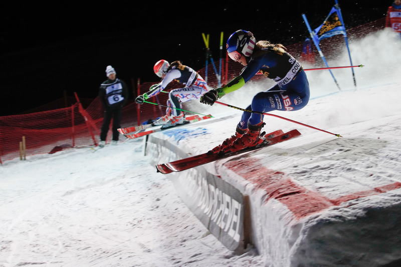 Petra Vlhova, left, and Mikaela Shiffrin, right, compete at a parallel slalom event in Courchevel. Photo by Gabriele Facciotti/AP Photo